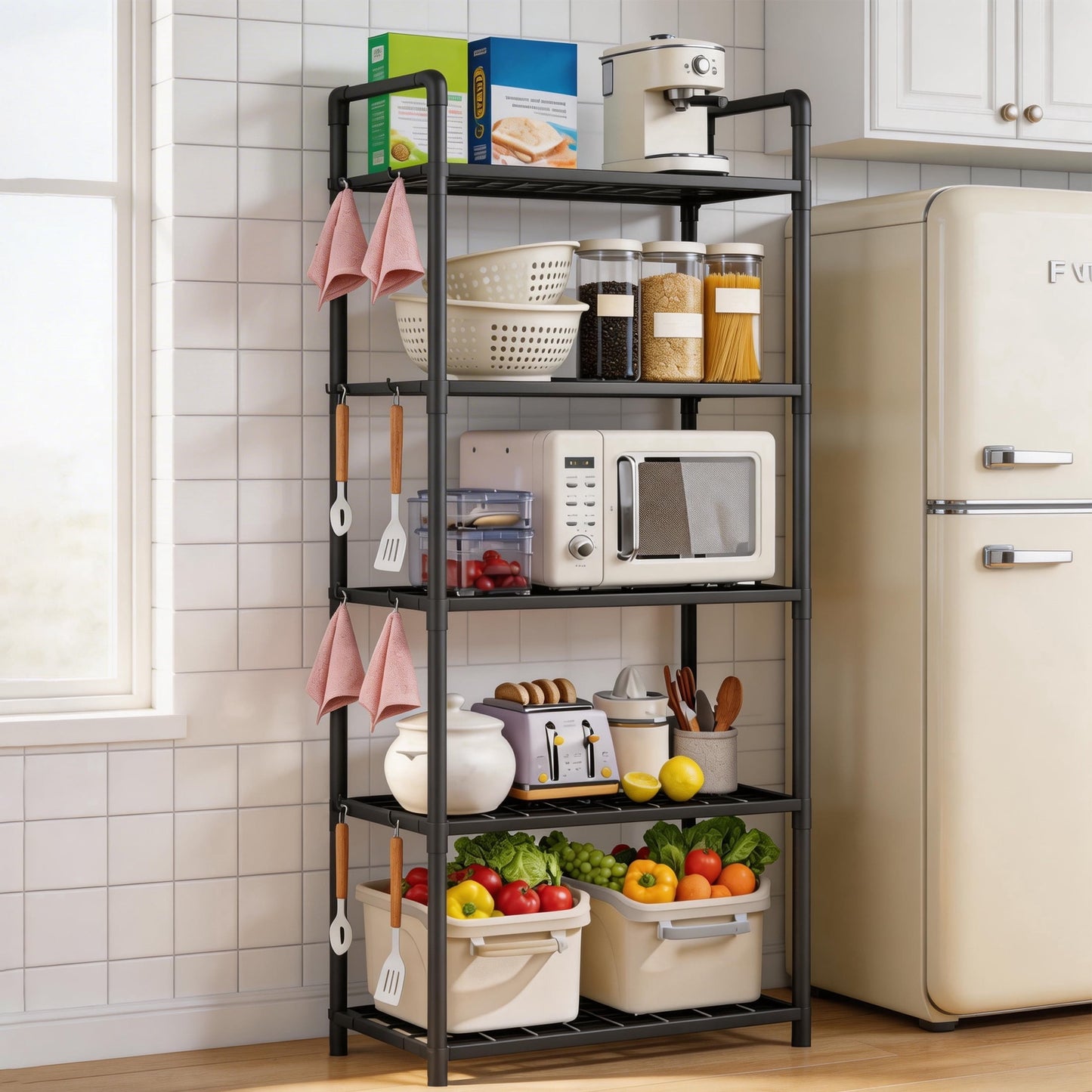5-Tier Storage Shelves, Plastic Shelving Unit with Hooks, Multipurpose Storage Shelves Rack for Garage Kitchen Pantry Closet Bathroom Laundry, 10.6"D x 20"W x 57"H, Black