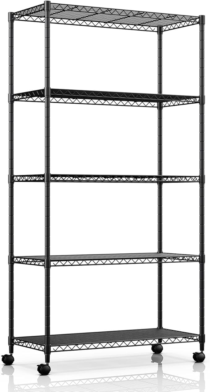 5-Tier Wire Storage Shelves,1250 Lbs Loading Capacity,29.92" W x 13.98" D x 61.02" H,Black