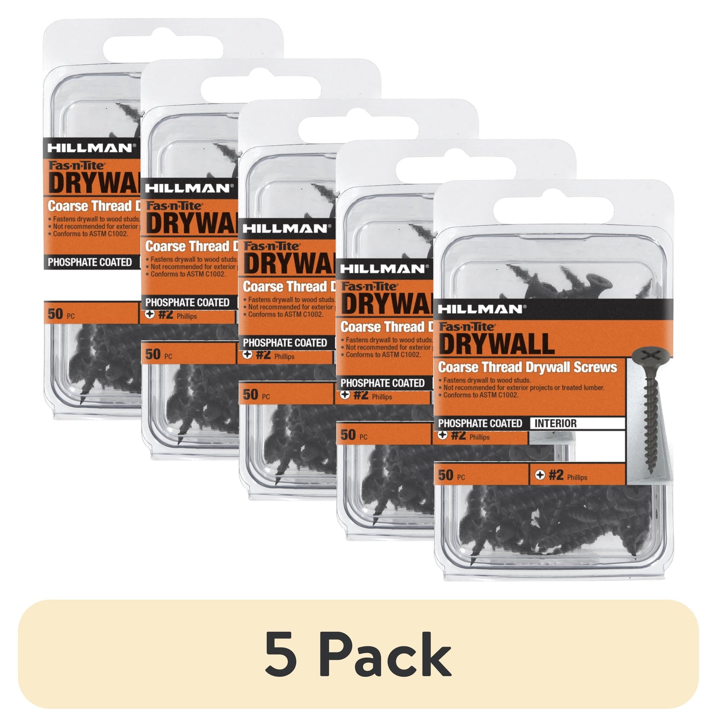 (5 pack) Fas-n-Tite Coarse Thread Drywall Screws, 8 x 3", Steel, Interior Screws, Phillips, 50 pack