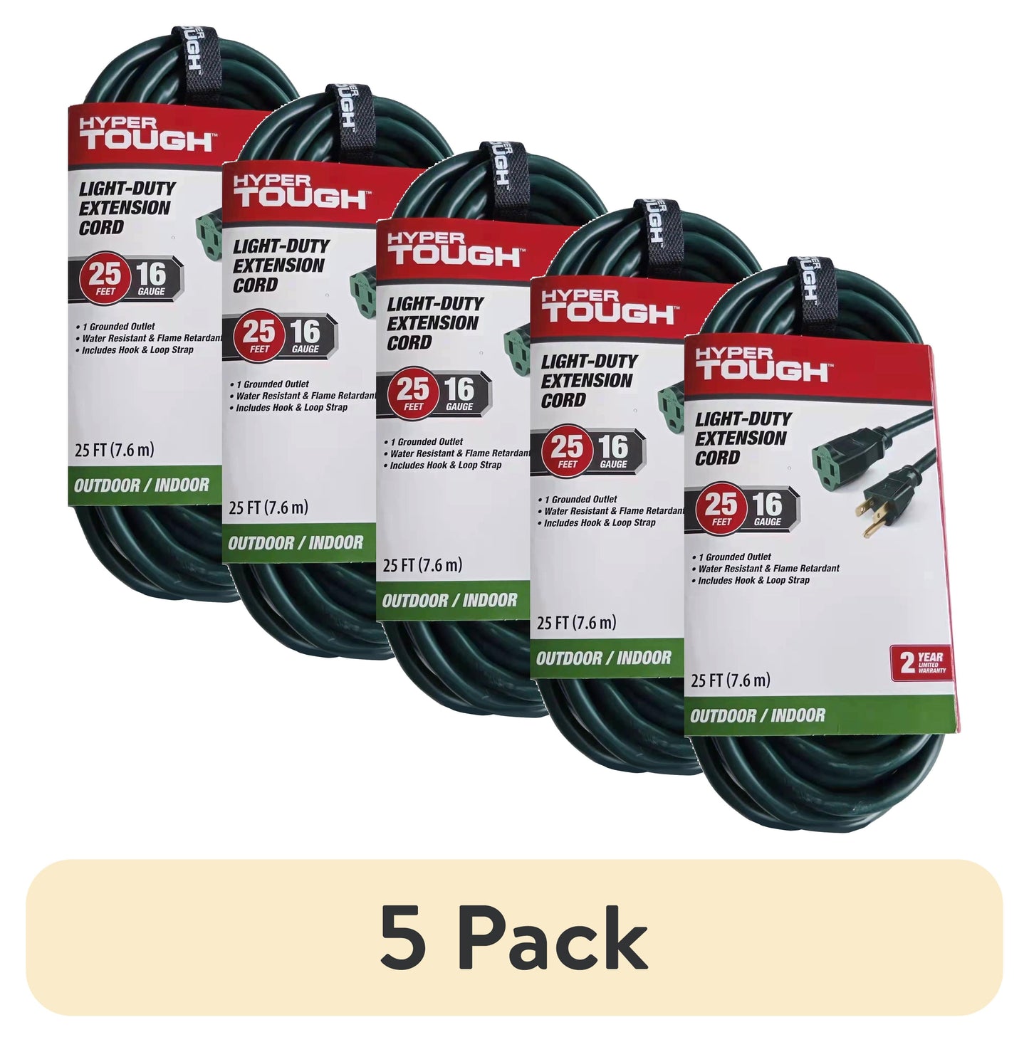 (5 pack) Hyper Tough 25 ft Green 16AWG 3-Prong Single Outlet Outdoor Extension Cord, 13 Amps