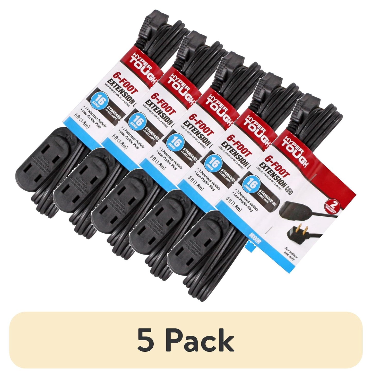 (5 pack) Hyper Tough 6ft 16AWG 2-Prong Black Indoor Extension Cord, 125V, 13A