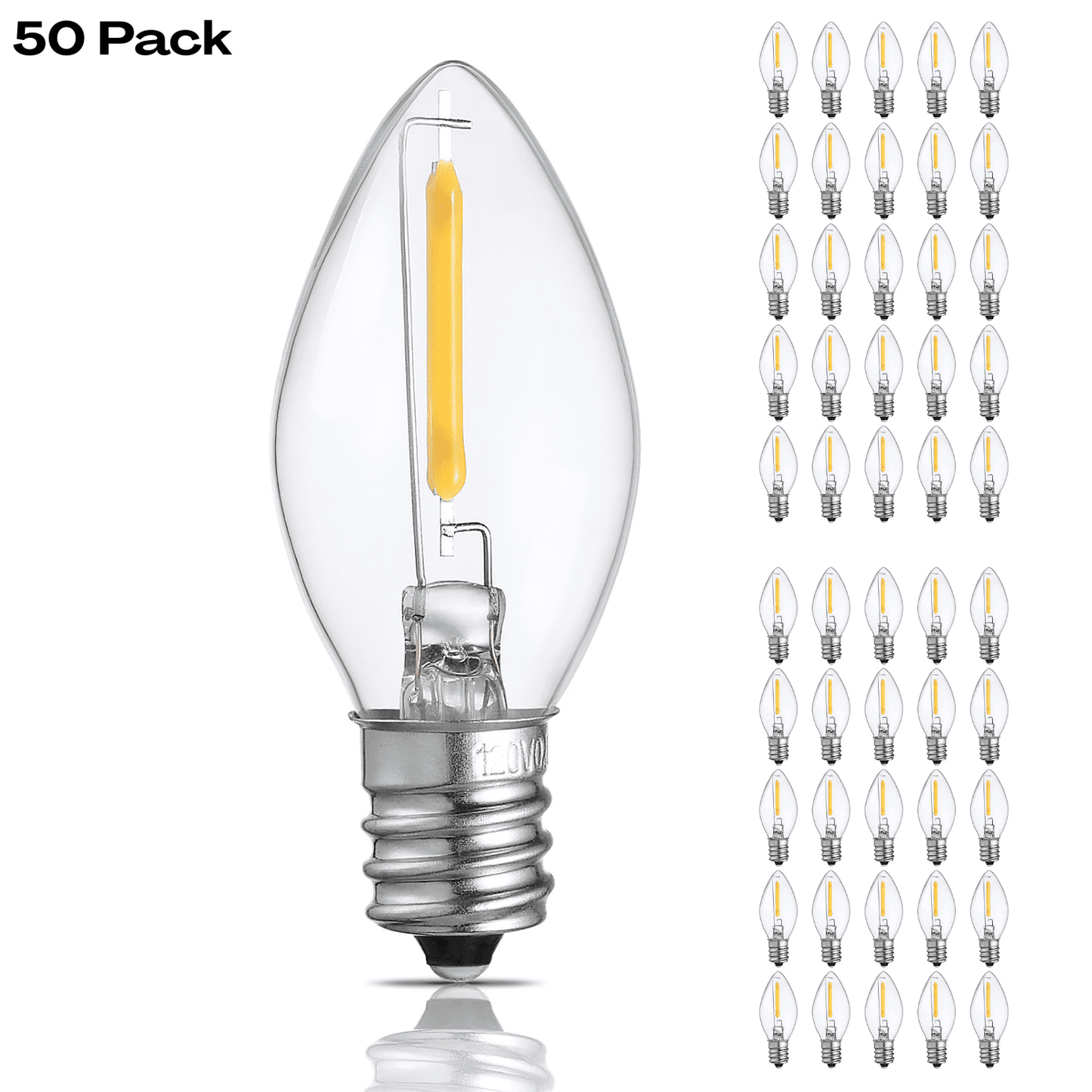 50 Pack C7 LED Christmas Light Bulb, 0.6W Clear Glass C7 Replacement Bulbs, 2700K Soft White, E12 Candelabra Base Night Light Bulbs, Non-Dimmable LED Filament Bulb