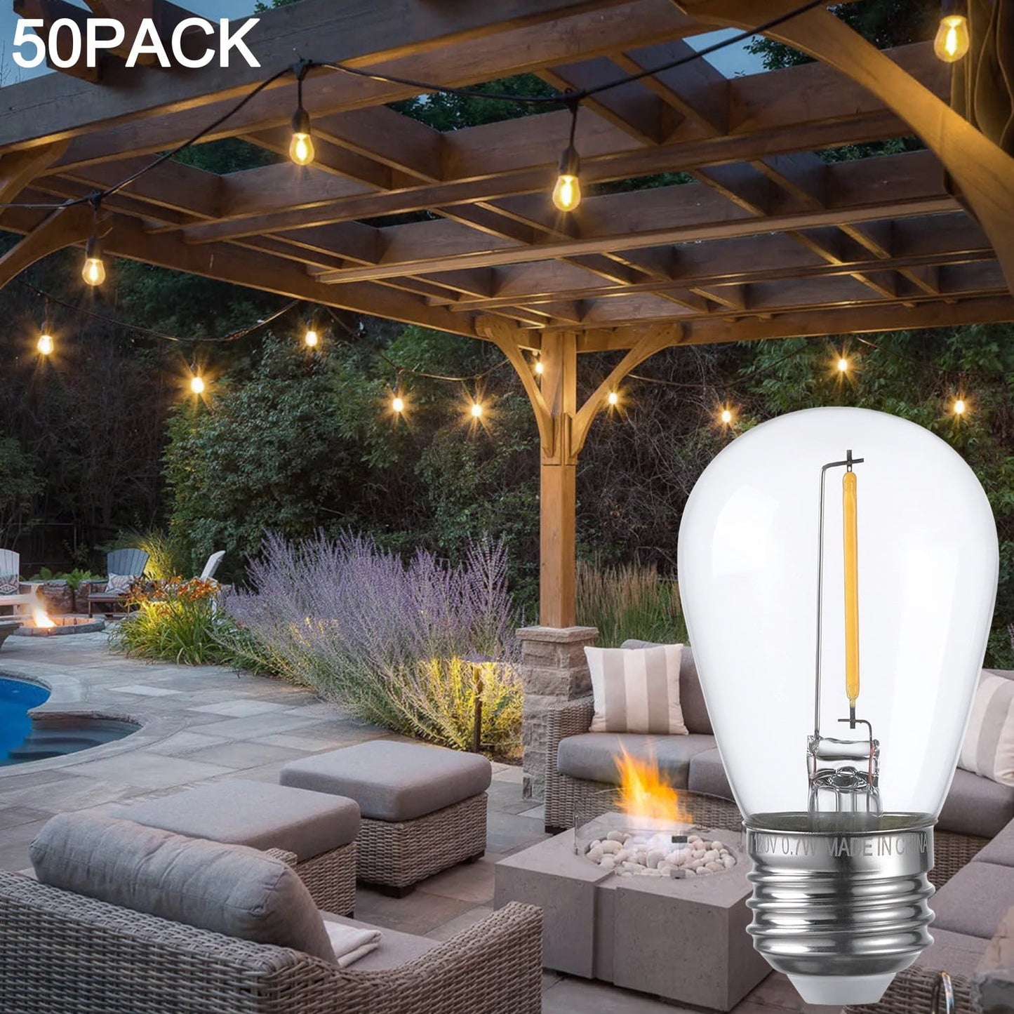 50 Pack S14 LED Bulb, Clear Glass LED Replacement Bulbs, 2700K Soft White String Lights, 0.7W E26 Base LED Light Bulbs, Non-Dimmable LED Filament Bulb