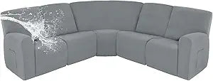 Easy-Going 100% Waterproof Recliner Cover, Stretch Couch Covers for Reclining Couches, Extra Large Sectional Sofa Slipcover, L-Shape Furniture Protector for Kids & Pets, 5 Seater, Light Gray