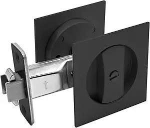 9BUILD Black Pocket Door Hardware Square Pocket Door Lock Privacy Pocket Door Latch Pocket Door Handles for Bathroom Lock for Pocket Door, 2 Pack