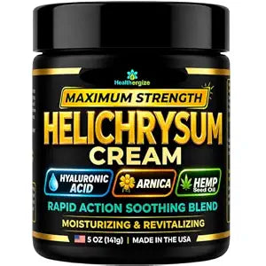 Helichrysum Cream Maximum Strength – Helichrysum Balm for Thin, Fragile & Mature Skin, Bruises & Crepey Arms – with Hyaluronic Acid, Arnica, Hempseed Oil & Aloe – Paraben Free – 5 Oz, Made in USA