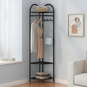 Black Corner Hall Tree, Freestanding Garment Rack with 6 Hooks and Storage Shelf, Metal Clothing Racks Coat Racks for Hallway, Entryway, Bedroom, Living Room, Office(Black)