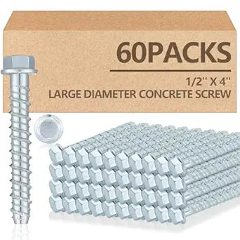 Tandefio 60 Pack 1/2" x 4" Concrete Screw Anchor Galvanized Large Diameter Heavy Duty Plated Concrete Anchors for Masonry Brick Anchoring Block Decking Framing Hex Drive