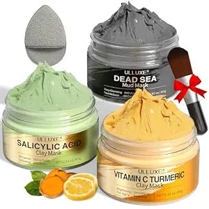 Facial Clay Mask Set - Vitamin C Turmeric Face Mask, Dead Sea Mud & Salicylic Acid (BHA) Mask for Pore Cleansing, Brightening, Blackheads & Dark Spots, Face Masks Skincare Gift for Women, 2.82 oz each