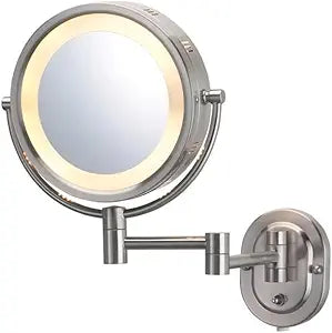 JERDON Wall-Mounted Makeup Mirror with 5X Magnification - Nickel Makeup Mirror with LED Lights - Plug in - HL65N