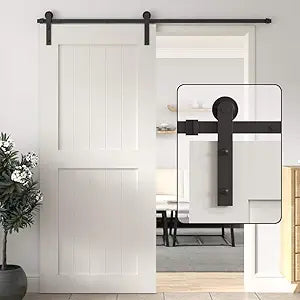 WINSOON 6FT Barn Door Hardware Kit- Single Sliding Barn Door Hardware Track Kit: Black Rail, I Shape Hangers, Floor Guide and Other Necessary Hardware, Easy to Install for 41" Closet Panel(No Door)