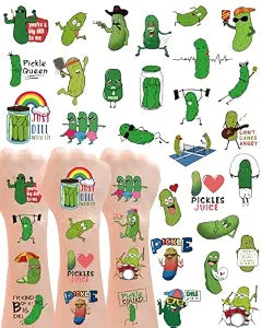 YanZonic 138Pcs Funny Pickle Temporary Tattoos, Humorous Green Pickle Decorations for Theme Parties, Festivals, Goodie Bag Fillers, 15 Sheets of Stickers for Celebration Lovers