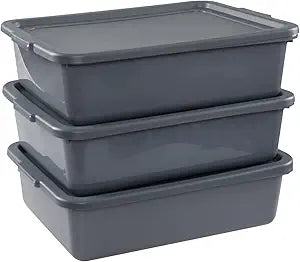 3-Pack 13 L Plastic Commercial Tote Box with Lid, Bus Tubs/Bus Box, Gray