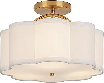 CALOKES Semi Flush Mount Ceiling Light, 11.8" Modern 3-Light Fixture with Petal-Shaped Cream White Fabric Shade and Golden Support Arm, Ideal for Bedroom, Kitchen, Living Room, Hallway, and Entryway