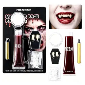 Halloween Vampire Makeup Kit with 17mm Fangs,Fake Blood & Face Paint Set