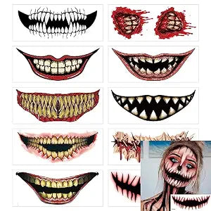 Halloween Tattoos Face Tattoo Sticker Big Mouth Fake Tattoos Halloween Clown Horror Mouth Sticker Decals for Men Women Kids Cosplay Accessories 10 Sheet Halloween Party DIY Decorations Makeup Kit
