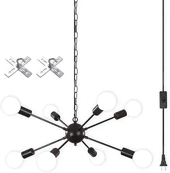 LASENCHOO 8 Lights Plug in Chandelier,Hanging Lights with Plug in Cord 16.4ft & On/Off Switch,Black Plug in Pendant Light,Modern Sputnik Chandeliers for Dining Room Living Room Bedroom Kitchen Island