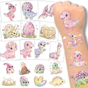 120 Pcs Glitter Pink Dinosaur Temporary Tattoos for Kids