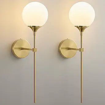 Mid Century Globe Wall Sconce - Set of 2 Modern Milk Glass Round Sconces - Brushed Brass Gold Light Fixtures with Dimmable Bulbs - Ball Indoor Lighting for Bathroom Bedroom Living Room Vanity Decor