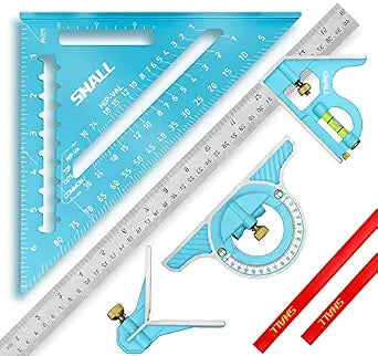 SHALL Rafter Square & Combination Square Tool Set, 7 Inch Aluminium-Alloy Carpenter Square & 16 Inch Zinc-Alloy Woodworking Framing Combo w/Stainless Steel Ruler, 2 Carpentry Pencils, Scriber