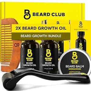 The Beard Club Enhanced Beard Growth Kit - Derma Roller, Beard Growth Oil (2PK), Sandalwood Beard Balm, Comb - Gift Set