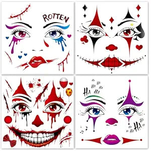 HOWAF 4 Sheets Halloween Mime Clown Face Tattoos Joker Full Face Temporary Tattoos, Hallows' Eve Creepy Clown Evil Costume Tattoo Stickers, Jokers Clowns cosplay Make Up Facial Tattoo