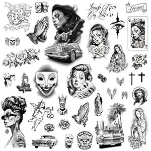Los Vatos Chicano Vol. II - Cholo and Chola Temporary Tattoos For Men Women, Payasa, Lowrider, Virgin Mary, Prayer, Cross, Chicana, Gangster, Fake Tattoo, D��a de Muertos, Tatuajes Tempor