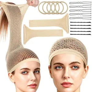 FANDAMEI Wig Cap Set for Long Hair, 2 PCS Large Open End Hair Cap for Wigs, 30 CM Nylon Wig Net Non-Slip Mesh Wig Cap, Wig Caps with 10 Hair Pins 5 Hair Ties for Halloween Rave Cosplay-17 PCS in Total