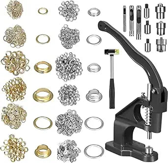 Grommet Press Machine Kit, Heavy Duty Hand Press Tool with 3 Dies (6mm/10mm/12mm), 3000PCS Gold & Silver Eyelets & Rubber Hammer for Fabric Leather Canvas Tarps, Black