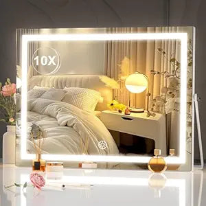 Hasipu Vanity Mirror with Lights, 17.7" x13.8 - 10X Magnification, Smart Touch 3 Color Modes, Brightness Control & 360 Rotation