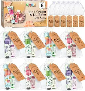 AZEN 8 Sets Bulk Gifts, Hand Cream and Lip Balm Bulk Set with Organza Bag Thank You Card, Baby Shower Wedding Gifts for Guests, Bridal Wedding Favors for Guests,Thank You Gift for Women