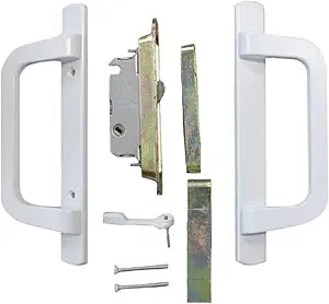 PGT Sliding Door Handle Kit for Patio Glass Door Repair | Mortise Lock + Keeper Included | Sliding Glass Door Replacement Complete Handle Set with Lock and Screws 3-15/16" Hole spacing (White)
