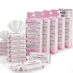 mivida Mini Makeup Remover Wipes – 50 Pocket Packs, 400 Full-Size Face Wipes | Dermatologist Tested | Fragrance Free, Alcohol Free | Fits Purse, Gym Bag, Car & Travel Carry-On
