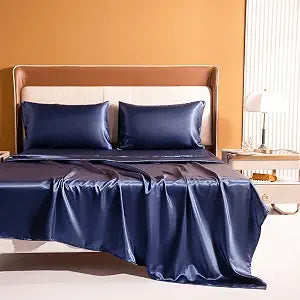 Satin Silky Bedsheet Set Pillow Covers - for Facial Beauty Hair and Health Care Faux Silk Fabric- Deep Pocket Fitted Sheet, Flat Sheet, Pillow Cases (Blue, Sheet Set-Queen)