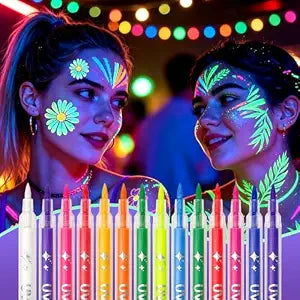 14 Colors Glow in the Dark Face & Body Paint, Neon Luminous Paint Pens Tattoo Markers, UV Black Light Face Paint for Skin, Kids, Adults, Nails, Halloween, Festival, Rave, Party Supplies