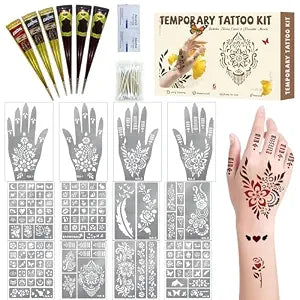 136 PCS Temporary Tattoo Stencil Kit, 6 PCS Ink Brown Black Cherry Red DIY Face Body Art Mehndi Stencils Skin Painting Tattoos Kit for Adult Women Men Bridal Wedding Ramadan Party