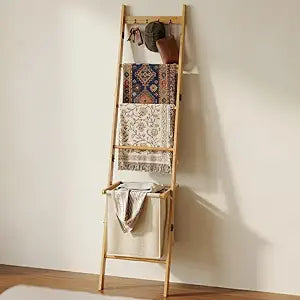 BAMBANG Bamboo Blanket Ladder with Basket, 5-Tier Quilt Rack Stand with 4 Hooks & Storage Hamper for Living Room Bathroom, Wall Leaning Decorative Ladder Shelf for Blankets Display (Natural)