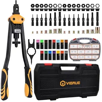 VIGRUE 16'' Rivet Nut Tool Kit Nutserts Rivnut Hand Tool Set with 15PCS Metric & SAE Mandrels and 300PCS Rivet Nuts Assortment, Rivnut Tool with Rugged Carrying Case for Automotive, Home DIY