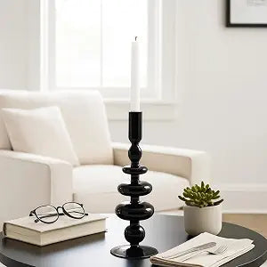 Glass Taper Candle Holder - Candle Holder for Sculptural Candlelight - Dining Room Table Decor or Mantel Display - Modern Disc and Sphere Design Accent, Home Decor 11", Black