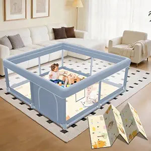 XVISHX 50 x 50 Inch Baby Playpen with Mat, Playpen for Babies and Toddlers, Baby Playard for Indoor & Outdoor Active Center Game Fence, with Skin-Friendly Fabric and Soft Breathable Mesh, Grey