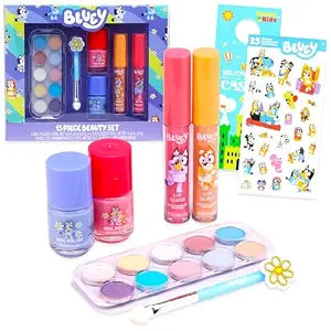 Bluey Beauty Set - Makeup Bundle with Eye Shimmer Palette, Nail Polish, Lip Gloss, Appplicator Brush Plus Stickers, More | Bluey Cosmetic Dress Up Accessories
