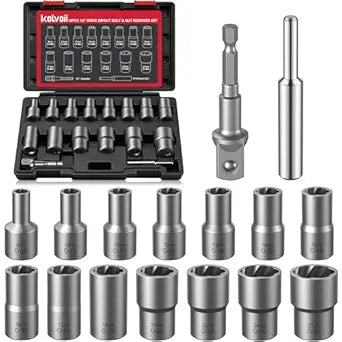Kolvoii Bolt Extractor Kit, 16-Piece Lug Nut Removal Tool, 1/2" Drive Impact Bolt Extractor Socket Set, Wheel Lock Removal Kit for Damaged, Frozen, Rusted, Rounded-Off Bolts and Nuts, 35# CR-MO Steel
