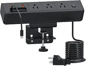 Desk Clamp Power Strip Built-In1 Retractable USB C Cables, USB Ports Black