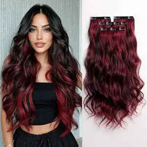 25 Inch Long Wavy Clip In Hair Extensions, Black Burgundy 4PCS