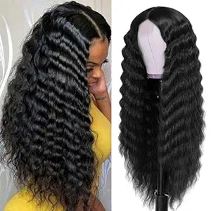 28 Inch Long Curly Synthetic Hair Wigs for Women Black Lace Front Wig Synthetic Curly Wigs Deep Wave Wig with 4" Simulated Scalp Natural Crimps Curls Hair Replacement Wigs for Daily Party Use 1B#