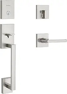 Kwikset San Clemente Front Door Lock Handle and Deadbolt Set, Entry Handleset Exterior with Interior Reversible Lever, Satin Nickel, Pick Resistant SmartKey Rekey Deadbolt Security