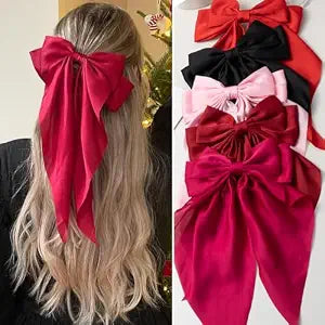 Satin Big Bows and Clips Set for Thick & Thin Hair: 5 PCS Bow-Knot Non-Slip Claw Clips for Women