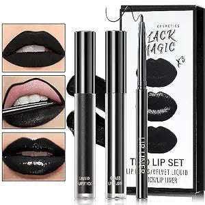 Black Matte Liquid Lipstick,3 in 1 Black Lip Liner and Lipstick Set,Matte Lip Gloss Long Lasting Moisturizing Velvet Lipgloss Make Up Gift Set Cosplay Goth Halloween Special Effects Makeup Kit