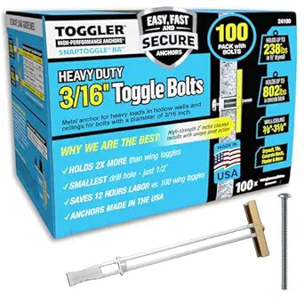 TOGGLER SNAPTOGGLE Heavy-Duty Drywall Toggle Bolt 3/16"-24 UNC Zinc-Plated Anchor for Hollow Walls, Plaster & Tile Holds 238 lbs in 1/2" Drywall, Easy Install 100 Pack (W/Roundhead Bolts)