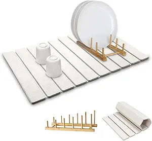 Large Stone Dish Drying Mat for Kitchen Counter,Equipped Dish Rack, Diatomaceous Earth Material, Foldable and Super Absorbent Dish Drying Pad Suitable for Tableware, Bottles and Cup (White, 2416 IN)